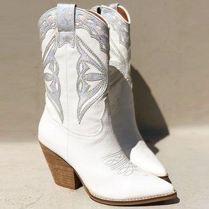 White Iridescent Metallic Applique Pointy Toe Block Heel Cowgirl Western Boots